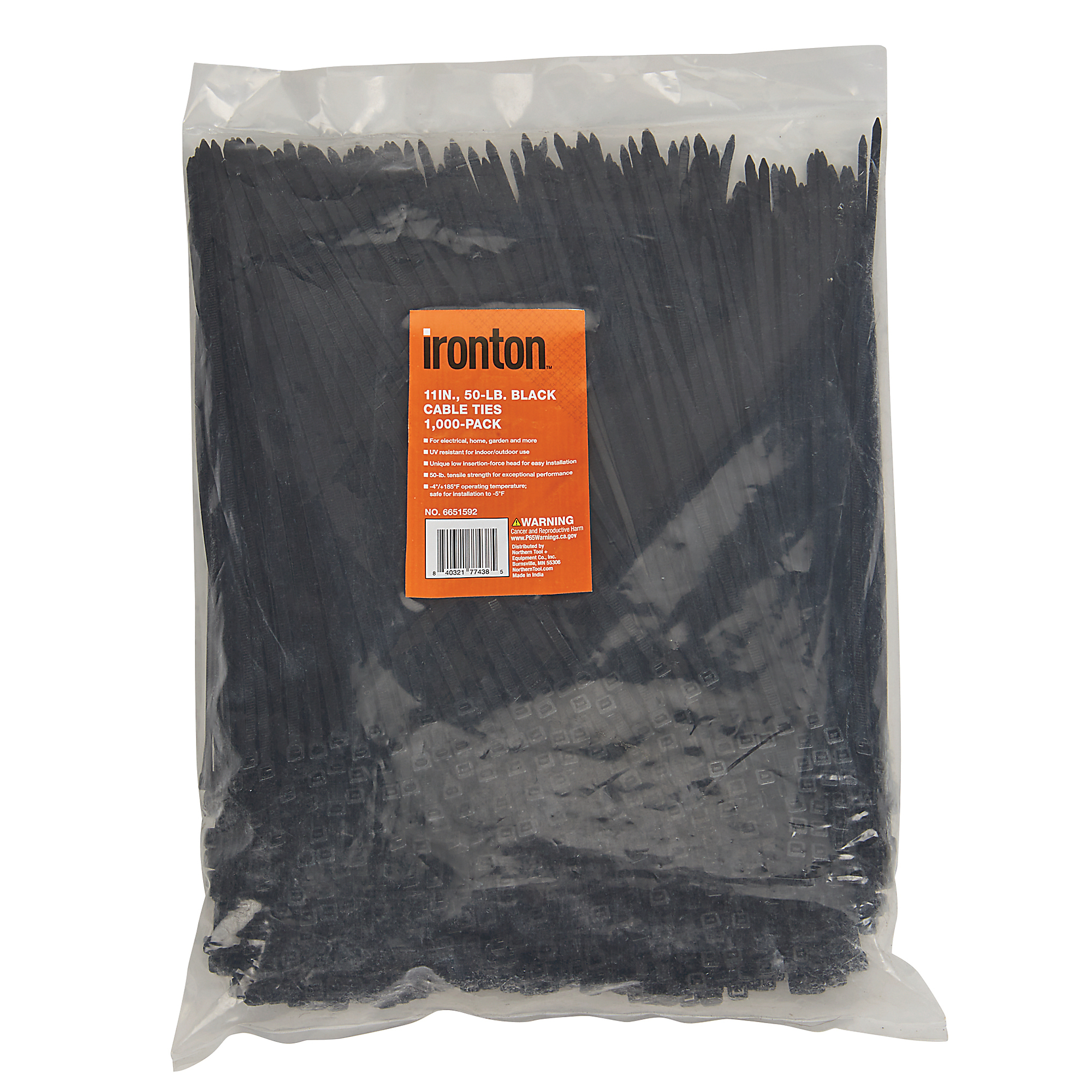 Ironton Cable Ties, 11in., 50-Lb. Tensile Strength, Black, 1000-Pk.